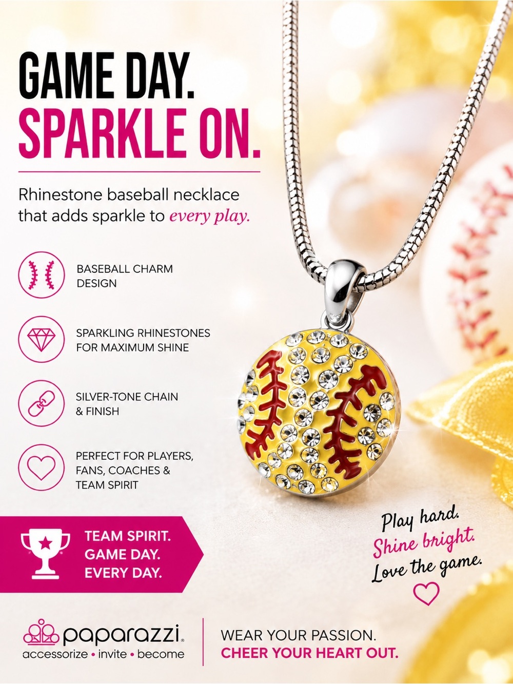paparazzi Yellow Rhinestone Baseball Pendant with Red Stitching